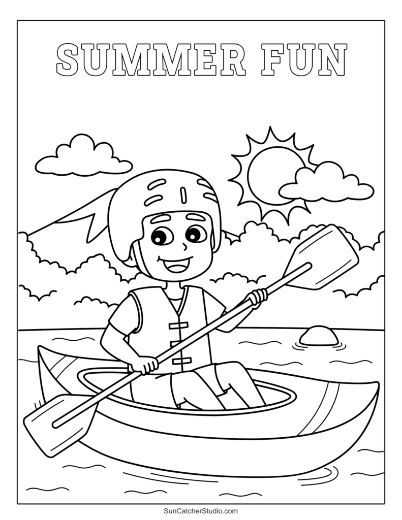 Summer Fun coloring page showing a smiling child wearing a helmet and life vest, paddling a kayak on the water beneath a sunny sky.