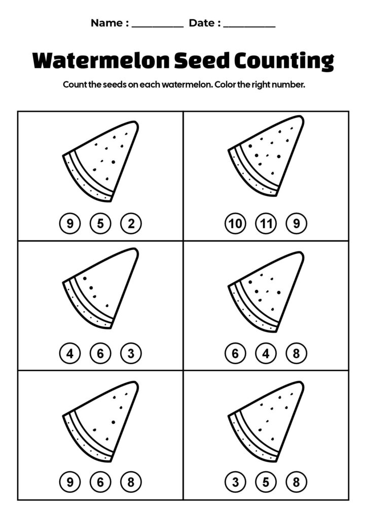 A watermelon seed-counting worksheet with six illustrated slices, each paired with three numbered answer choices.