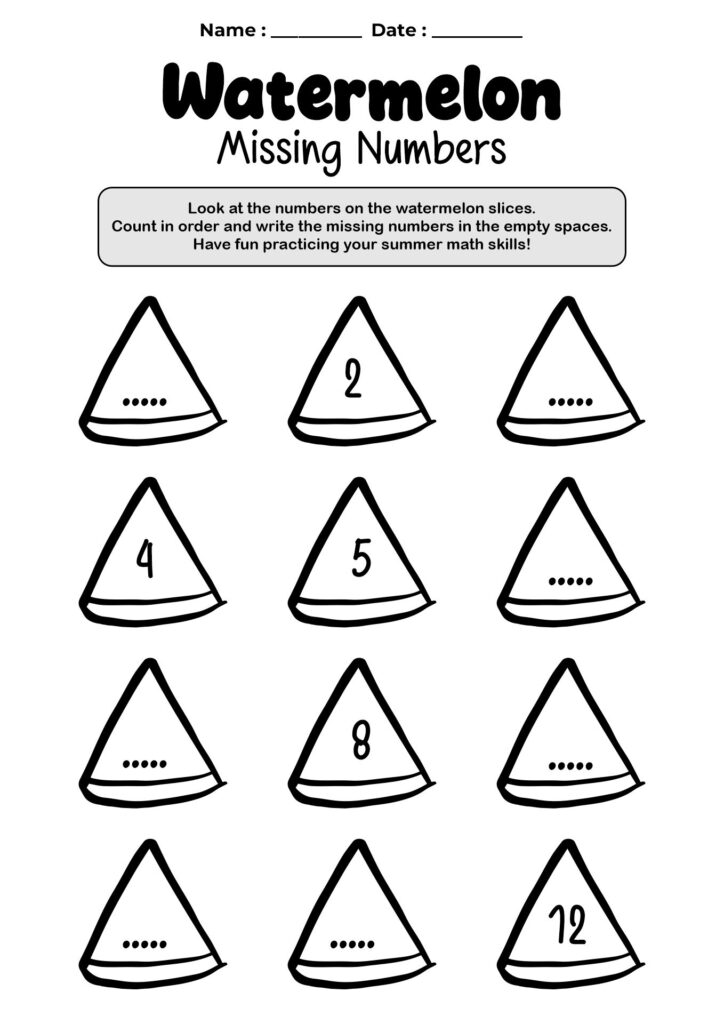 A watermelon missing-numbers worksheet with a grid of twelve watermelon slices, some numbered and others left blank for students to complete.