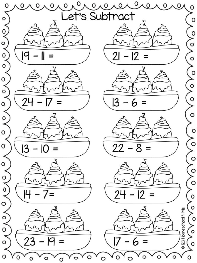 A subtraction worksheet titled “Let’s Subtract,” with ten problems arranged beside drawings of three frosted treats on plates.