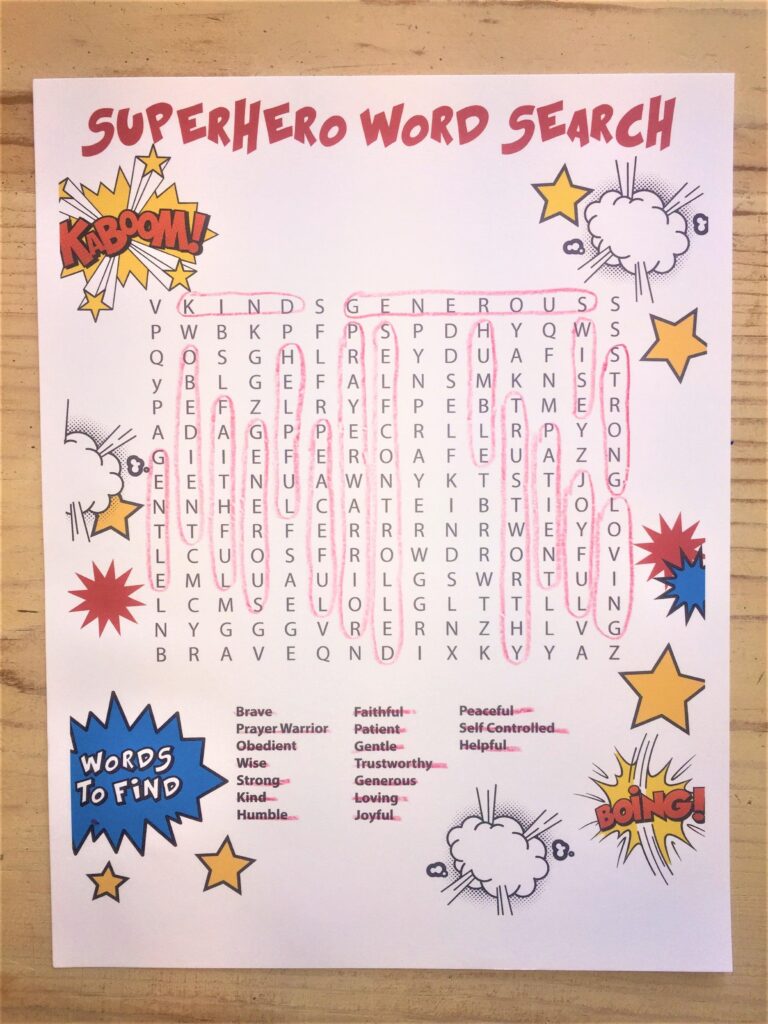 A superhero word-search worksheet with a large letter grid, highlighted hidden words, comic-style burst illustrations, and a word list at the bottom.