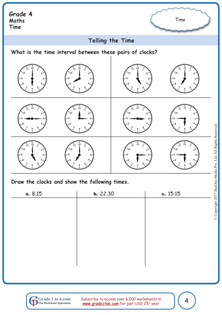 Grade 4 time worksheet with pairs of analog clocks for finding time intervals and blank spaces to draw clocks showing 8:15, 22:30, and 15:15.