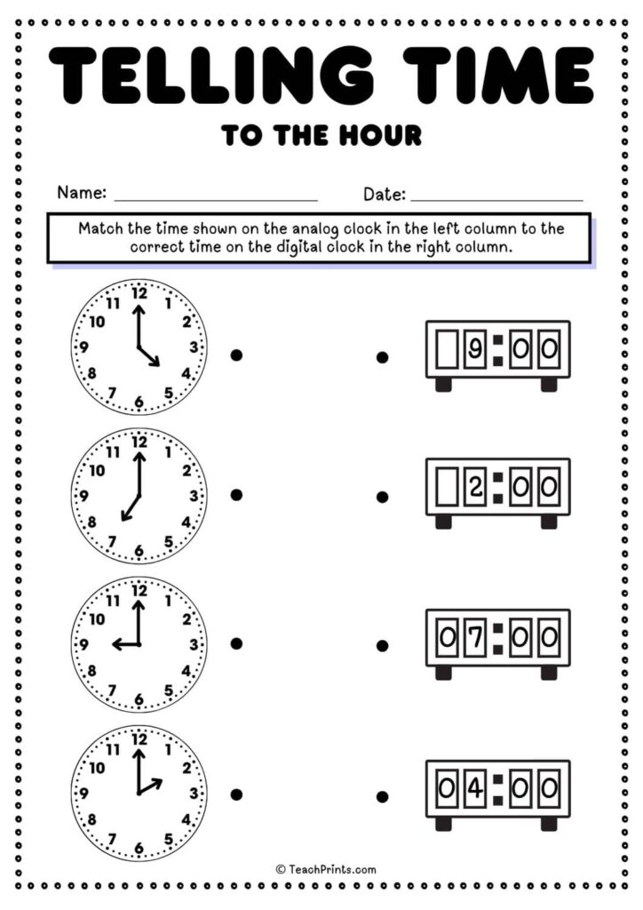 A “Telling Time to the Hour” worksheet with four analog clocks to match to four digital clock displays.