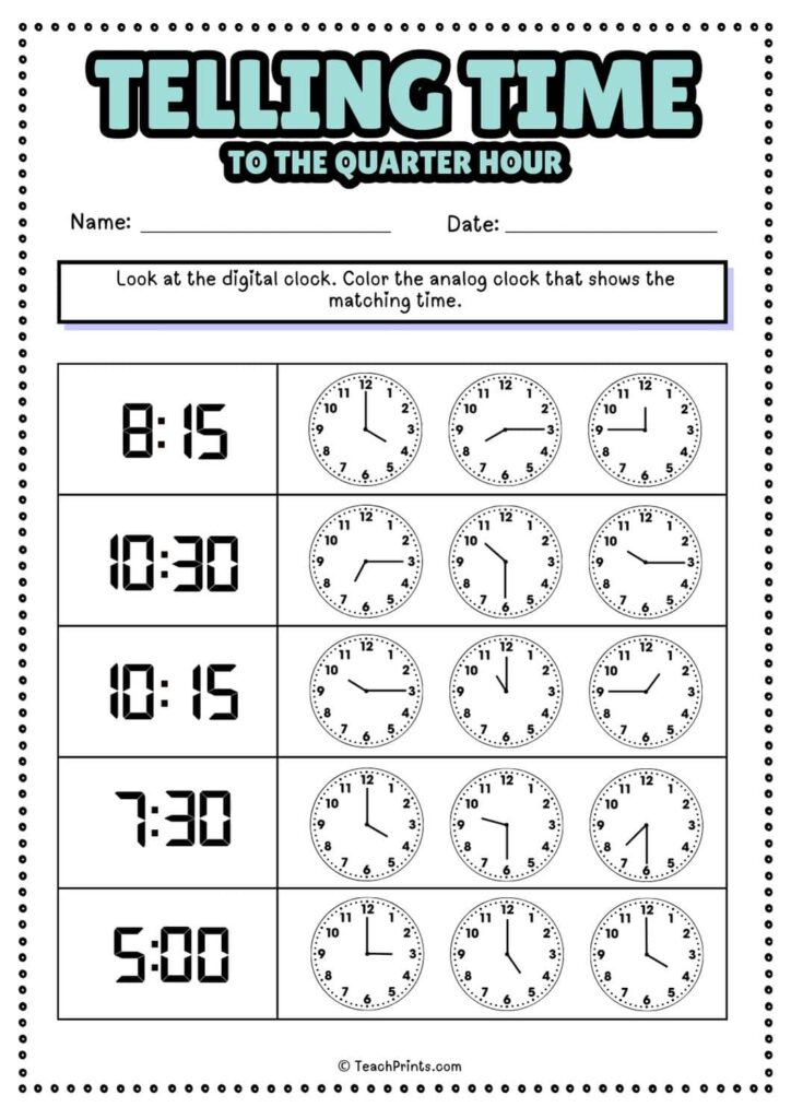A time-telling worksheet asks students to match digital times with analog clocks by coloring the correct clock in each row.
