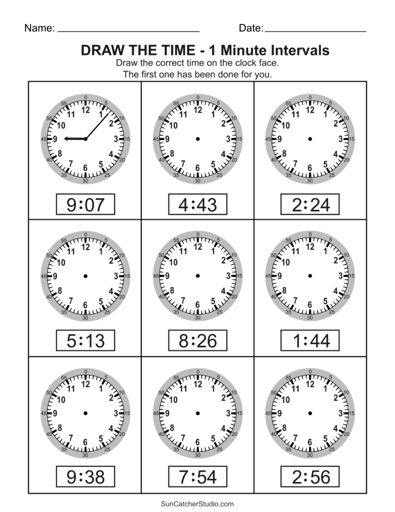 A worksheet titled “Draw the Time - 1 Minute Intervals” shows nine clock exercises in a three-by-three grid. The first clock is completed; the remaining clocks are blank, each paired with a printed time.