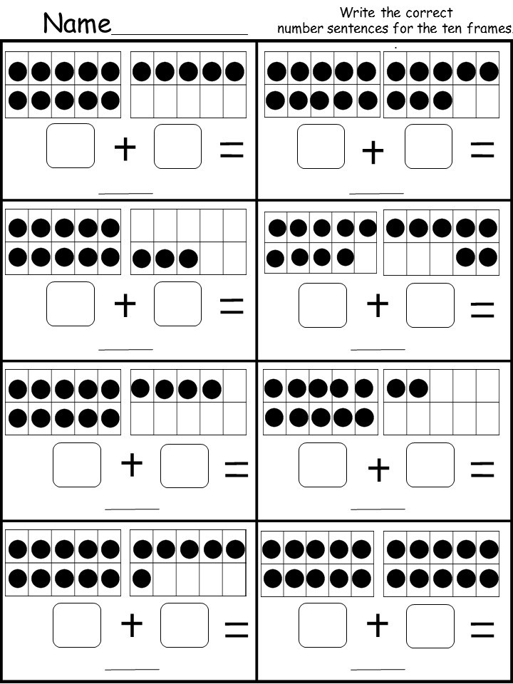 A worksheet with eight ten-frame addition problems, showing black dots in paired grids, blank answer boxes, and lines for number sentences.