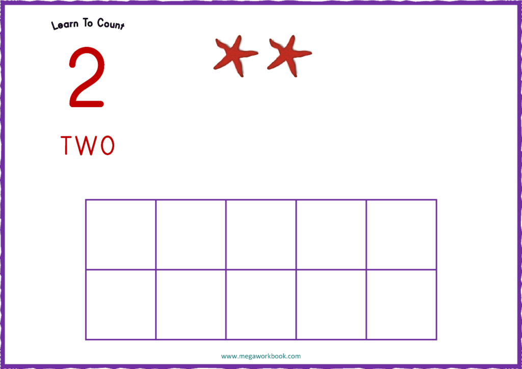 Counting worksheet showing the number 2, the word “TWO,” two starfish, and an empty ten-frame grid.