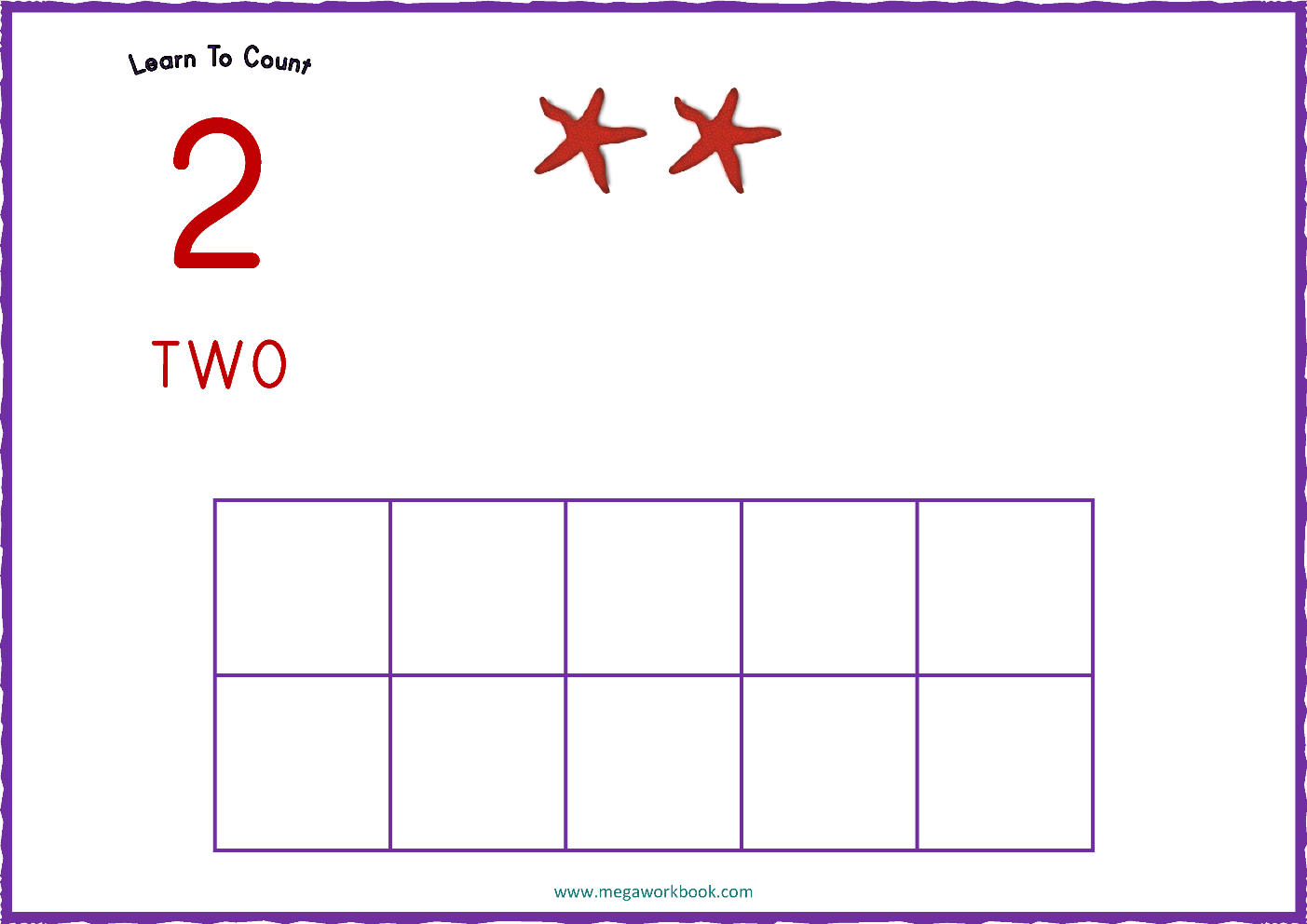 Counting worksheet showing the number 2, the word “TWO,” two starfish, and an empty ten-frame grid.