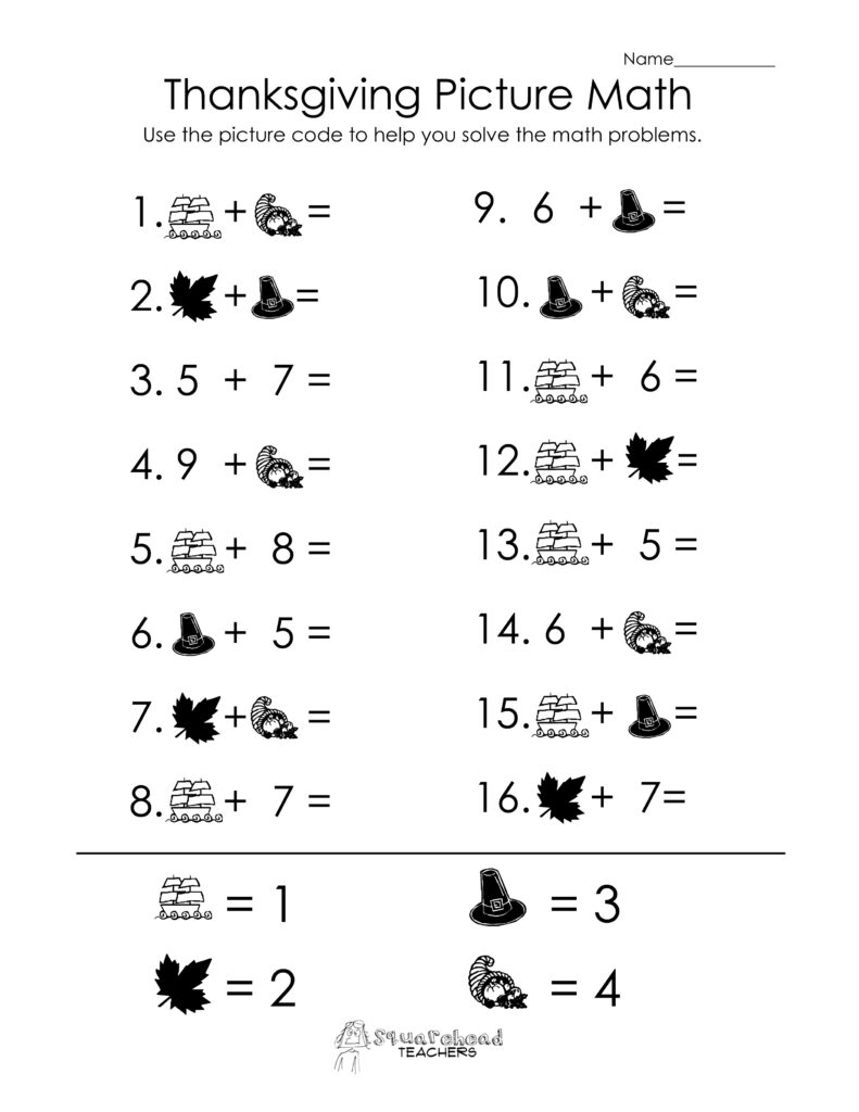 Thanksgiving picture-math worksheet with 16 addition problems using icons of a ship, leaf, pilgrim hat, and turkey, plus a key assigning each icon a value.