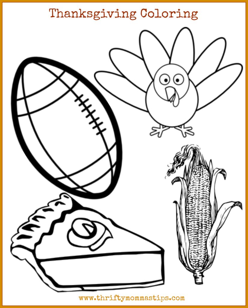 Thanksgiving coloring page featuring a turkey, football, ear of corn, and slice of pie in black outlines.