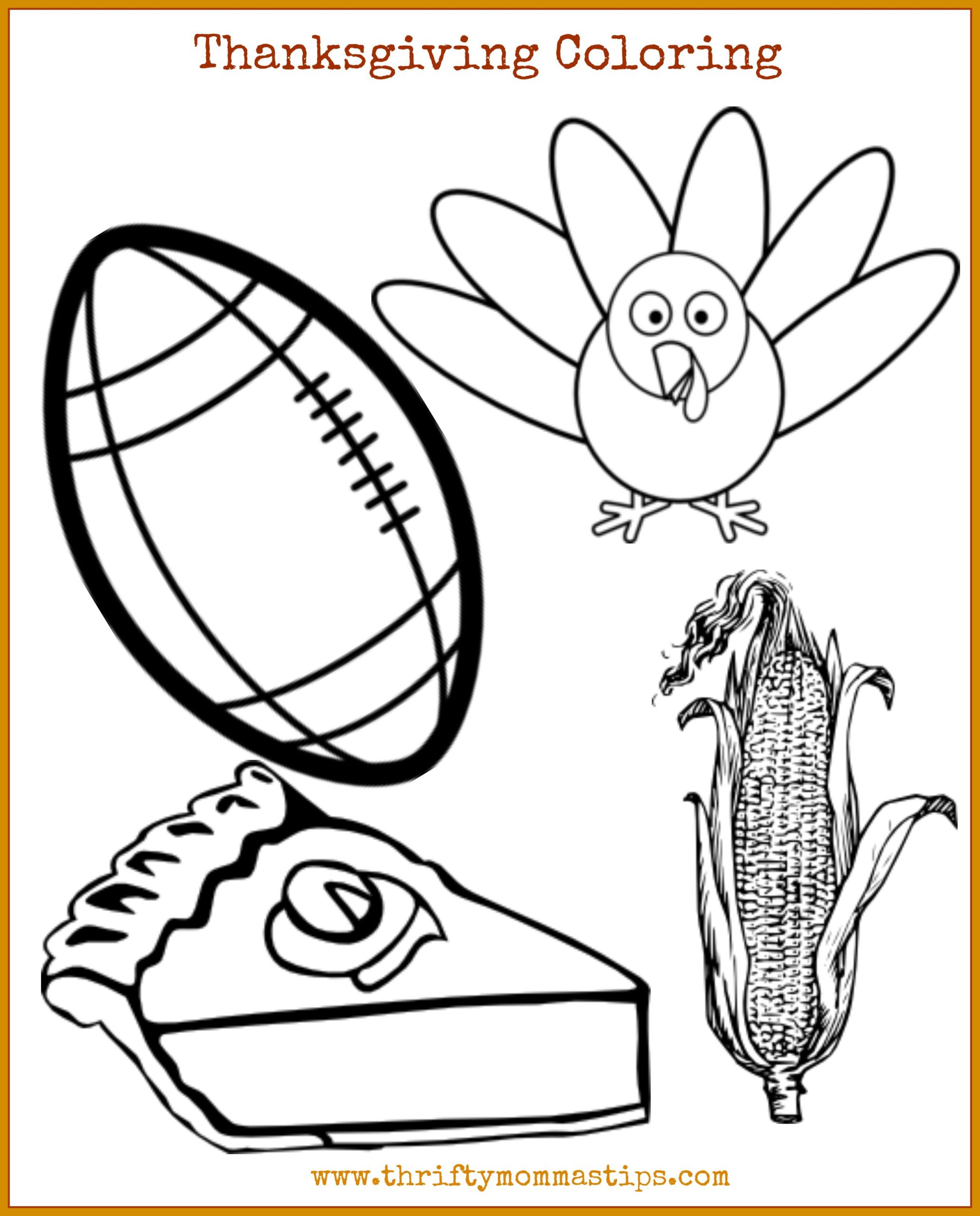 Thanksgiving coloring page featuring outline drawings of a turkey, football, slice of pie, and ear of corn.
