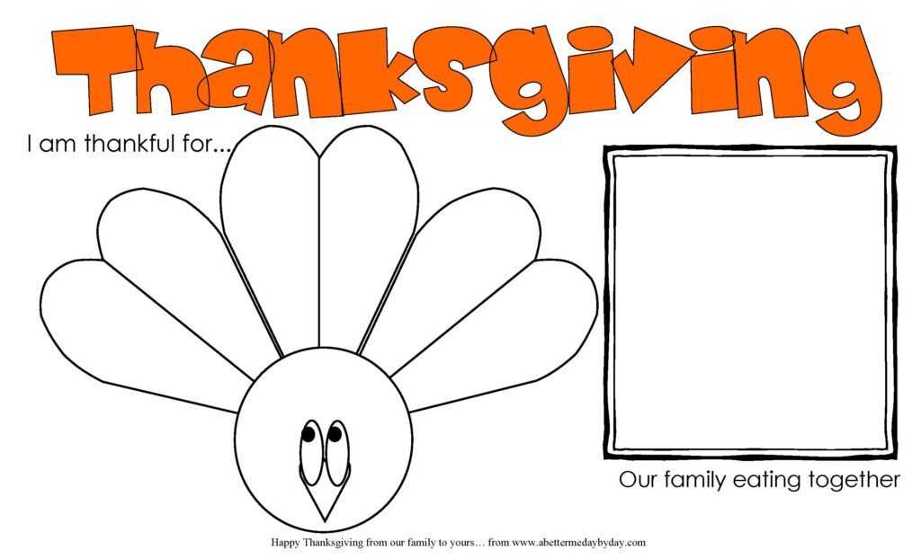 Thanksgiving worksheet featuring an outlined turkey and a blank square labeled “Our family eating together,” with a prompt to write what you are thankful for.