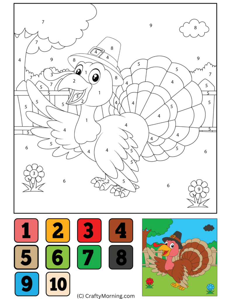A color-by-number Thanksgiving worksheet shows an outlined turkey in a top hat, with numbered sections, a color key, and a small colored reference image.