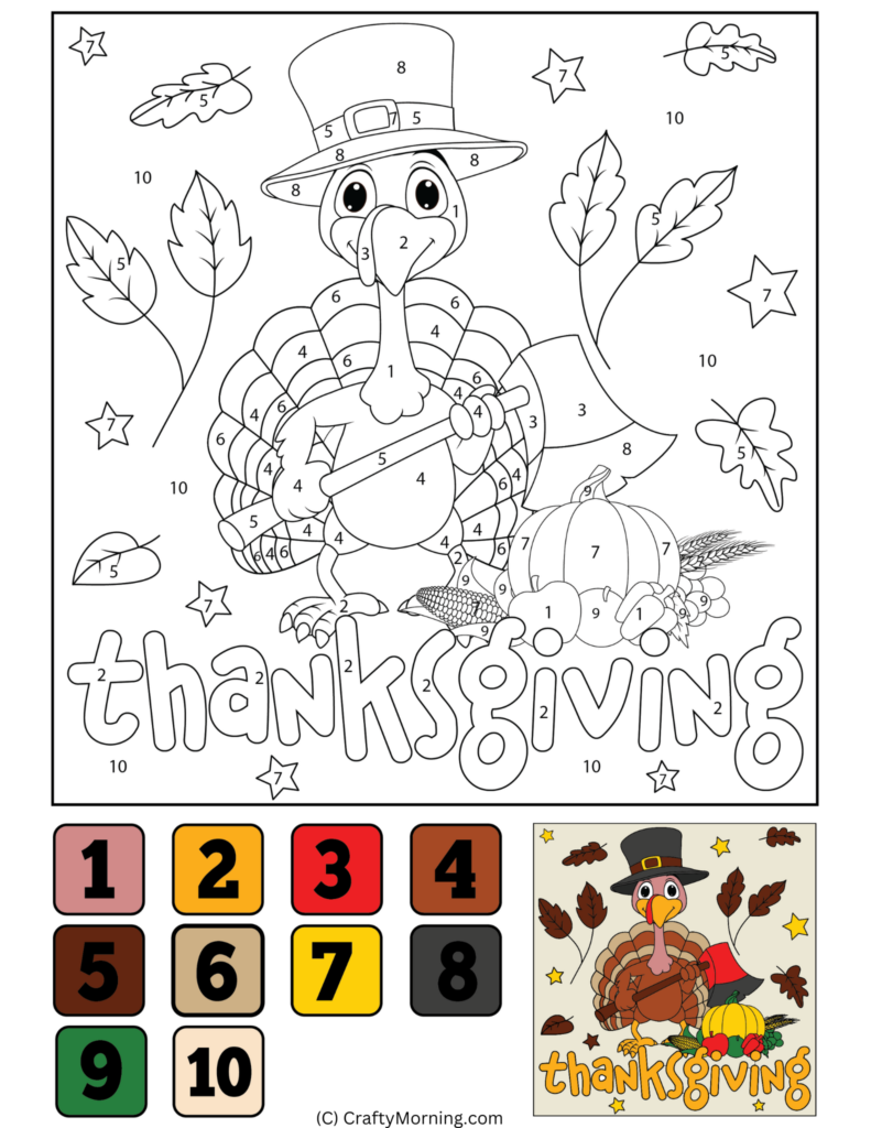 Thanksgiving color-by-number worksheet featuring a turkey in a pilgrim hat, a pumpkin, autumn leaves and “thanksgiving” lettering, with a numbered color key and a small colored example.