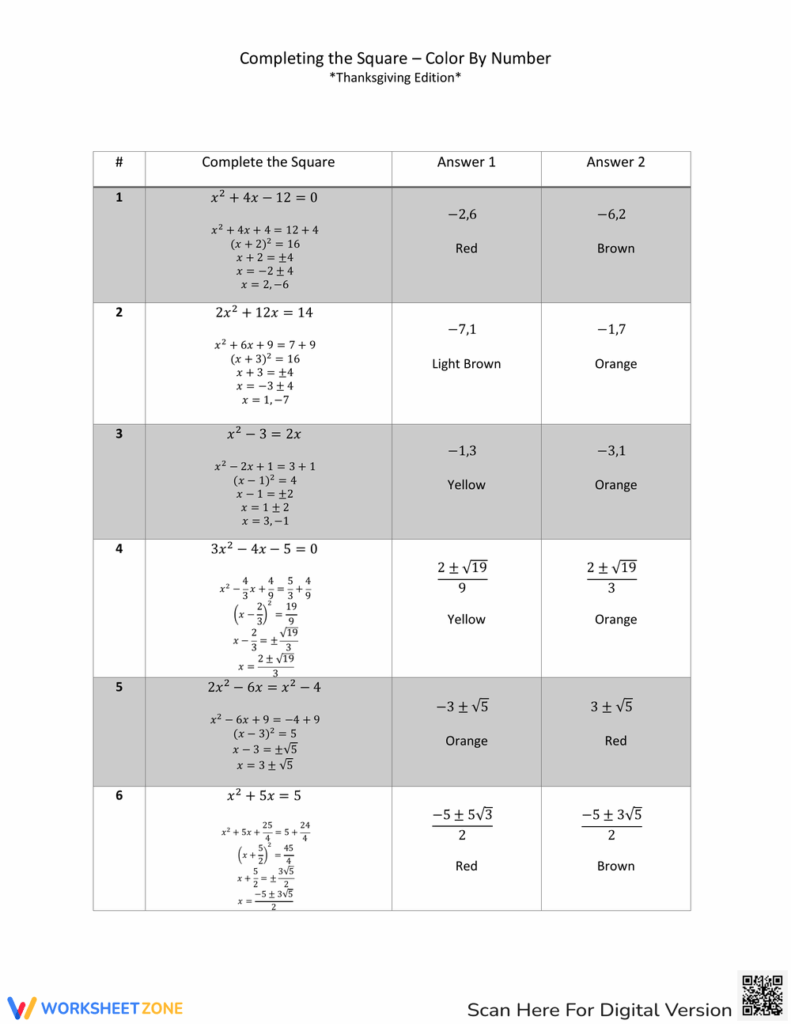 A completing-the-square worksheet with six worked quadratic equations and two answer choices per problem, including numerical solutions and color labels.