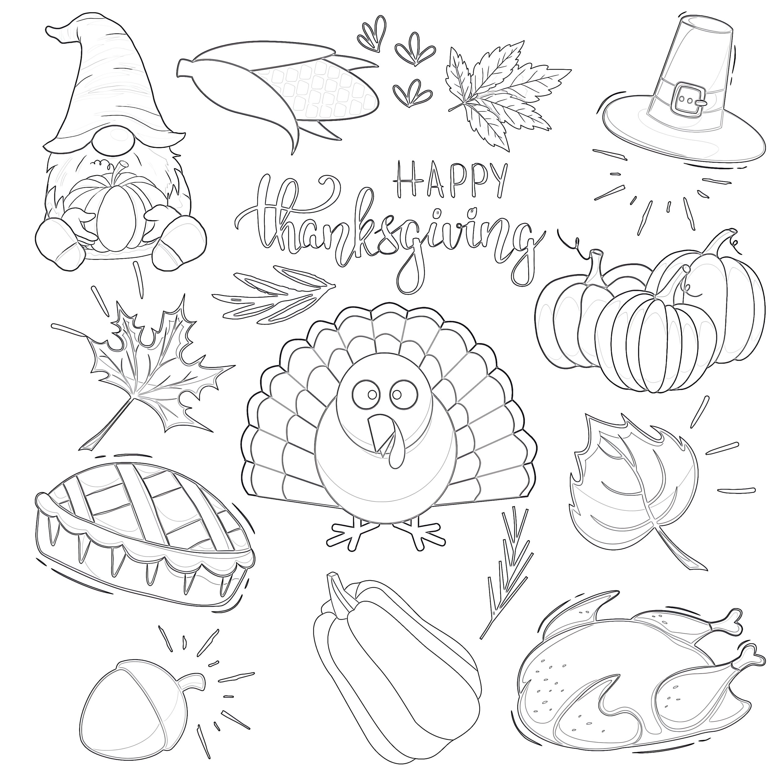 Thanksgiving coloring page with a turkey, pumpkins, autumn leaves, a gnome, a pilgrim hat, pie, squash, and roast turkey surrounding “Happy Thanksgiving.”.