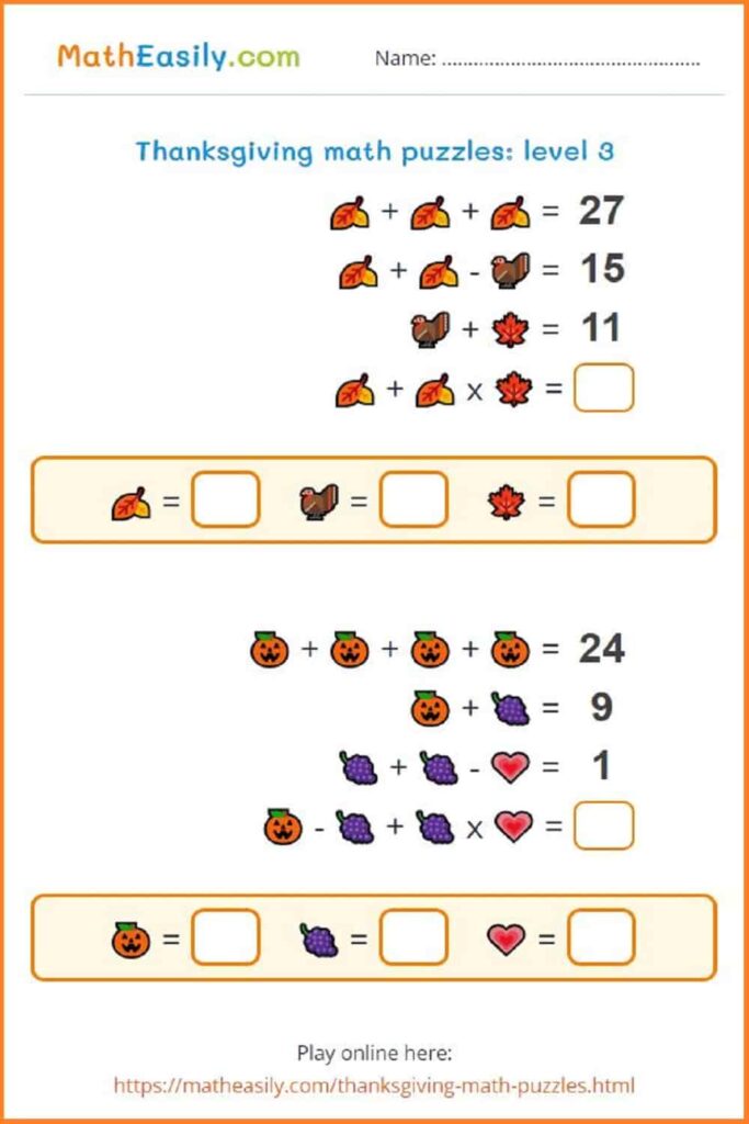 Thanksgiving math worksheet with picture-based addition, subtraction, and multiplication puzzles using fall leaves, a turkey, pumpkins, grapes, and hearts, with blank answer boxes.