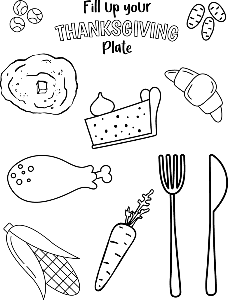 Thanksgiving activity page titled “Fill up your Thanksgiving Plate,” with outlined foods and utensils to color, including a drumstick, carrot, corn, and plate.