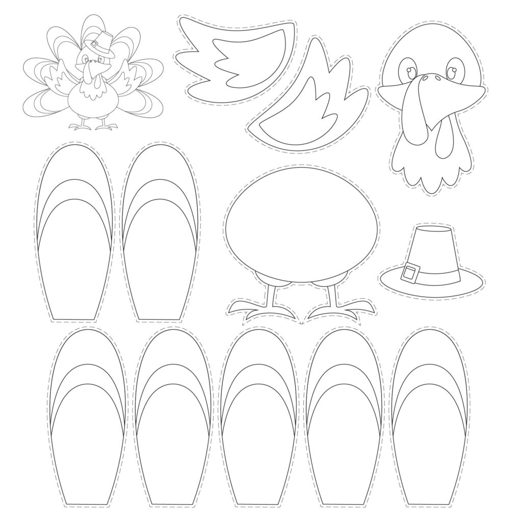 Thanksgiving turkey craft template with a sample assembled turkey and separate outlined body, feather, face, and hat pieces for cutting out.