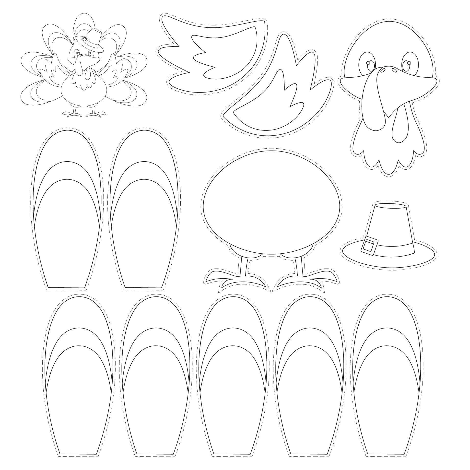 Thanksgiving turkey craft template with a sample assembled turkey and separate outlined body, feather, face, and hat pieces for cutting out.