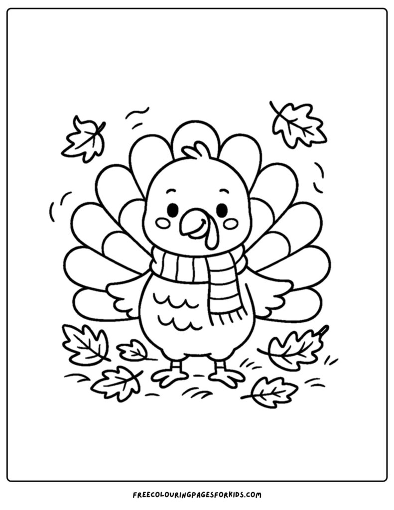 An easy coloring-page outline of a cheerful turkey wearing a scarf, surrounded by falling autumn leaves.