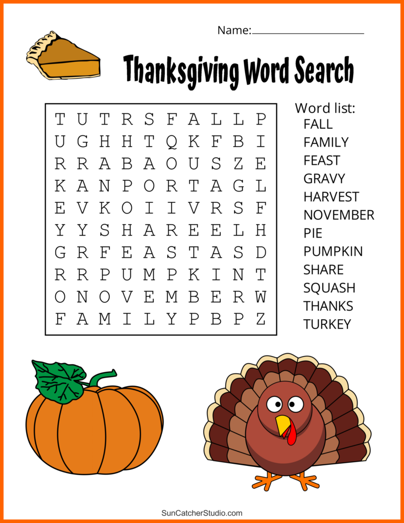 Thanksgiving word-search worksheet with a letter grid, a list of seasonal words, and illustrations of pie, a pumpkin, and a turkey.