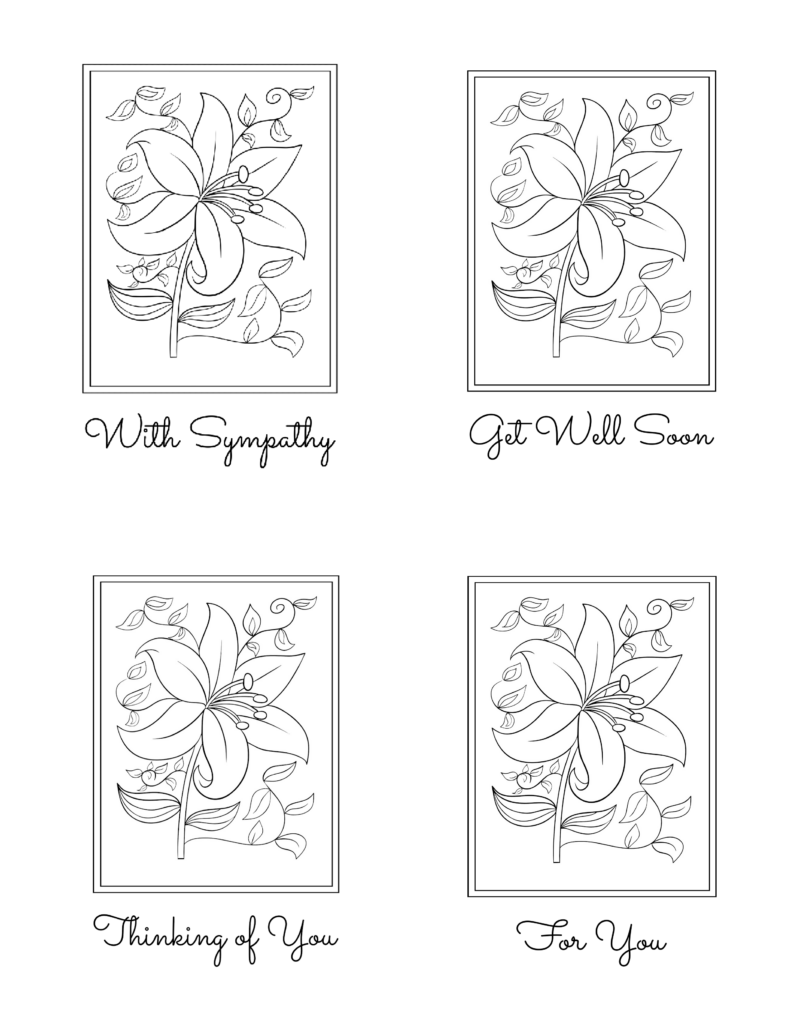 Four black-and-white floral greeting-card designs with outlined flowers and script messages: “With Sympathy,” “Get Well Soon,” “Thinking of You,” and “For You.”.