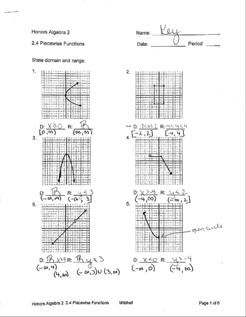 An Honors Algebra 2 worksheet titled “2.4 Piecewise Functions” asks students to state the domain and range of six plotted graphs, with handwritten answers beneath them.