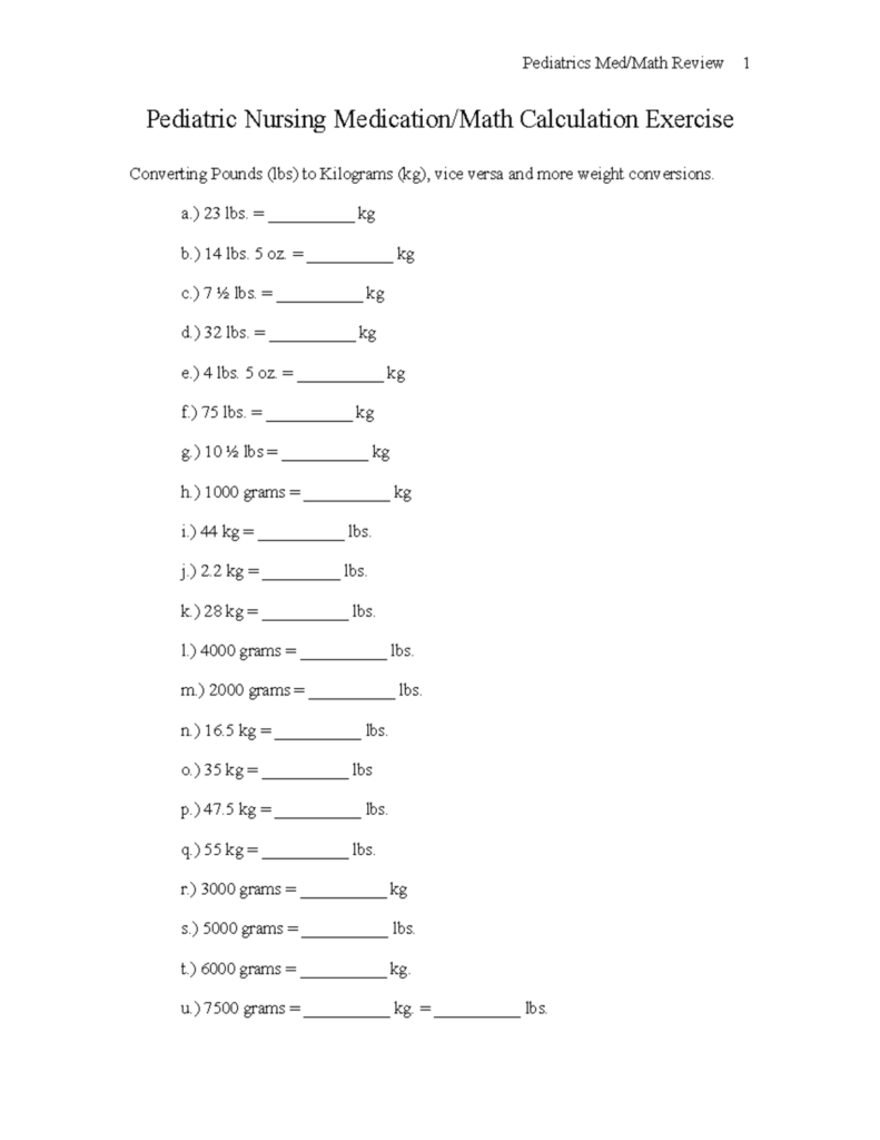 A pediatric nursing math worksheet with fill-in-the-blank problems converting pounds, ounces, kilograms, and grams.