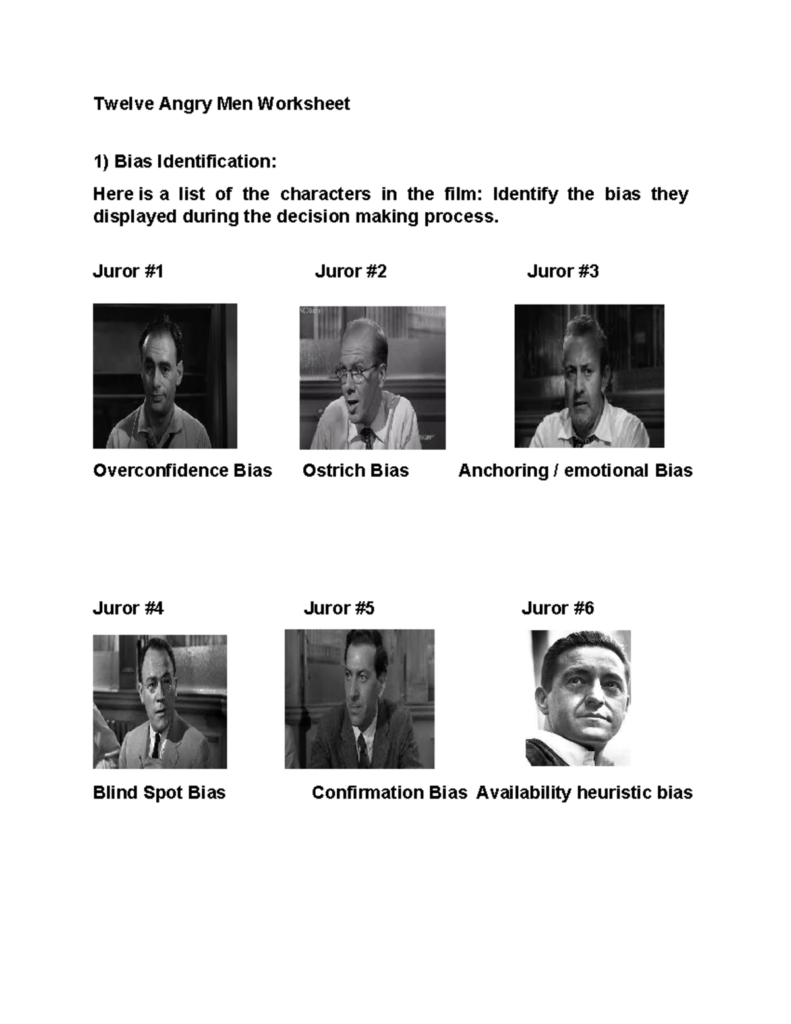 A Twelve Angry Men worksheet shows six jurors with labeled cognitive biases, including overconfidence, ostrich, anchoring, blind spot, confirmation, and availability bias.