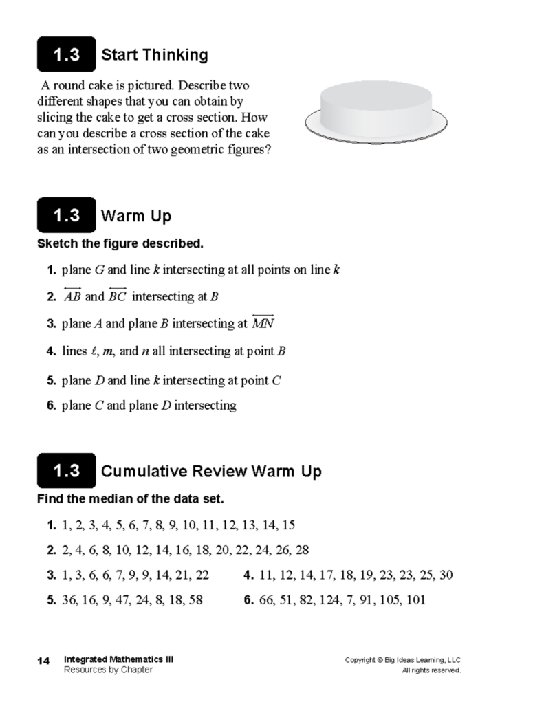 A mathematics worksheet page with a cake cross-section question, geometry sketching prompts, and exercises on finding medians of data sets.