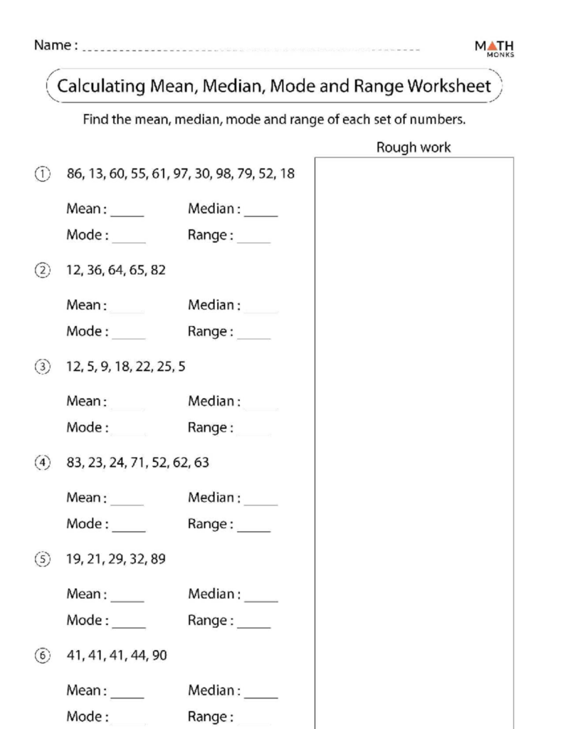 A math worksheet with six numbered sets of numbers, answer lines for mean, median, mode, and range, and a large rough-work box.