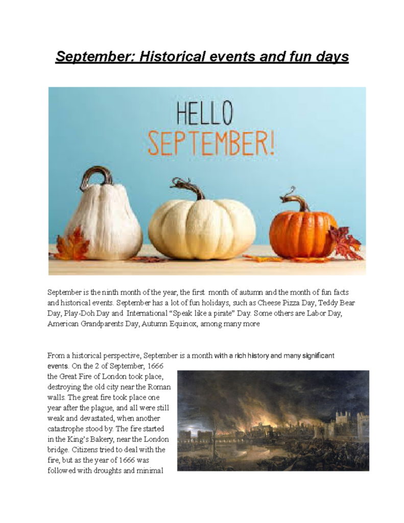 An educational page titled “September: Historical events and fun days,” with a September pumpkin photo and text about holidays and the Great Fire of London.