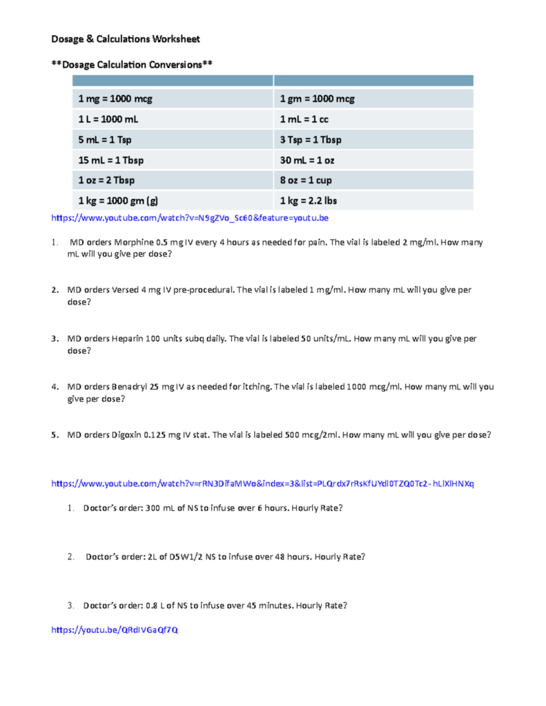 A dosage and calculations worksheet lists measurement conversions, medication dose problems, and IV infusion hourly-rate questions.