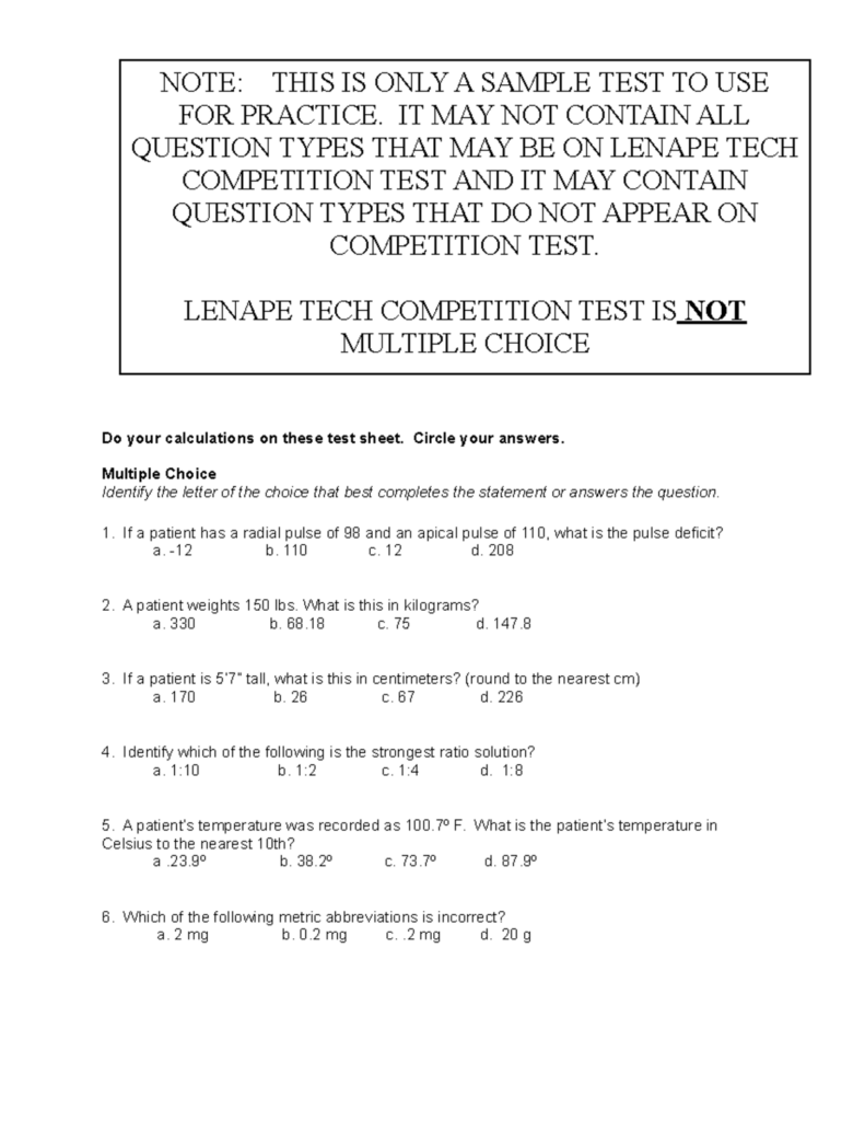A medical math practice test with multiple-choice questions on pulse deficit, unit conversions, ratios, temperature conversion, and metric abbreviations.