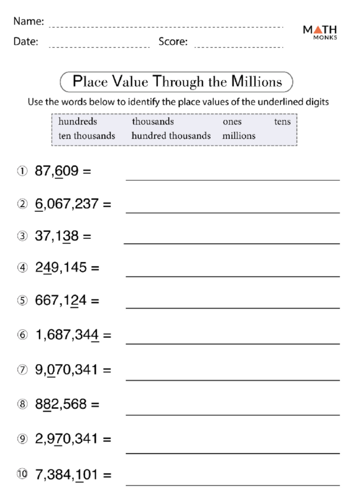 A place-value worksheet asks students to identify the values of underlined digits in numbers through the millions, with a word bank and answer lines.