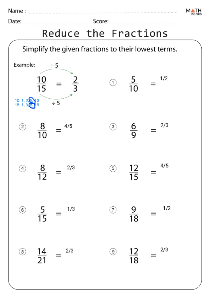 A math worksheet titled “Reduce the Fractions,” with an example and nine numbered problems simplifying fractions to lowest terms.