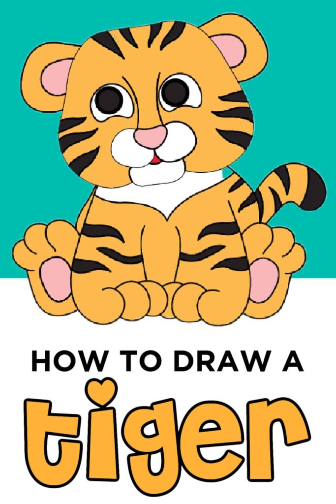 A cheerful orange cartoon tiger with black stripes sits above the title “How to Draw a Tiger.”.
