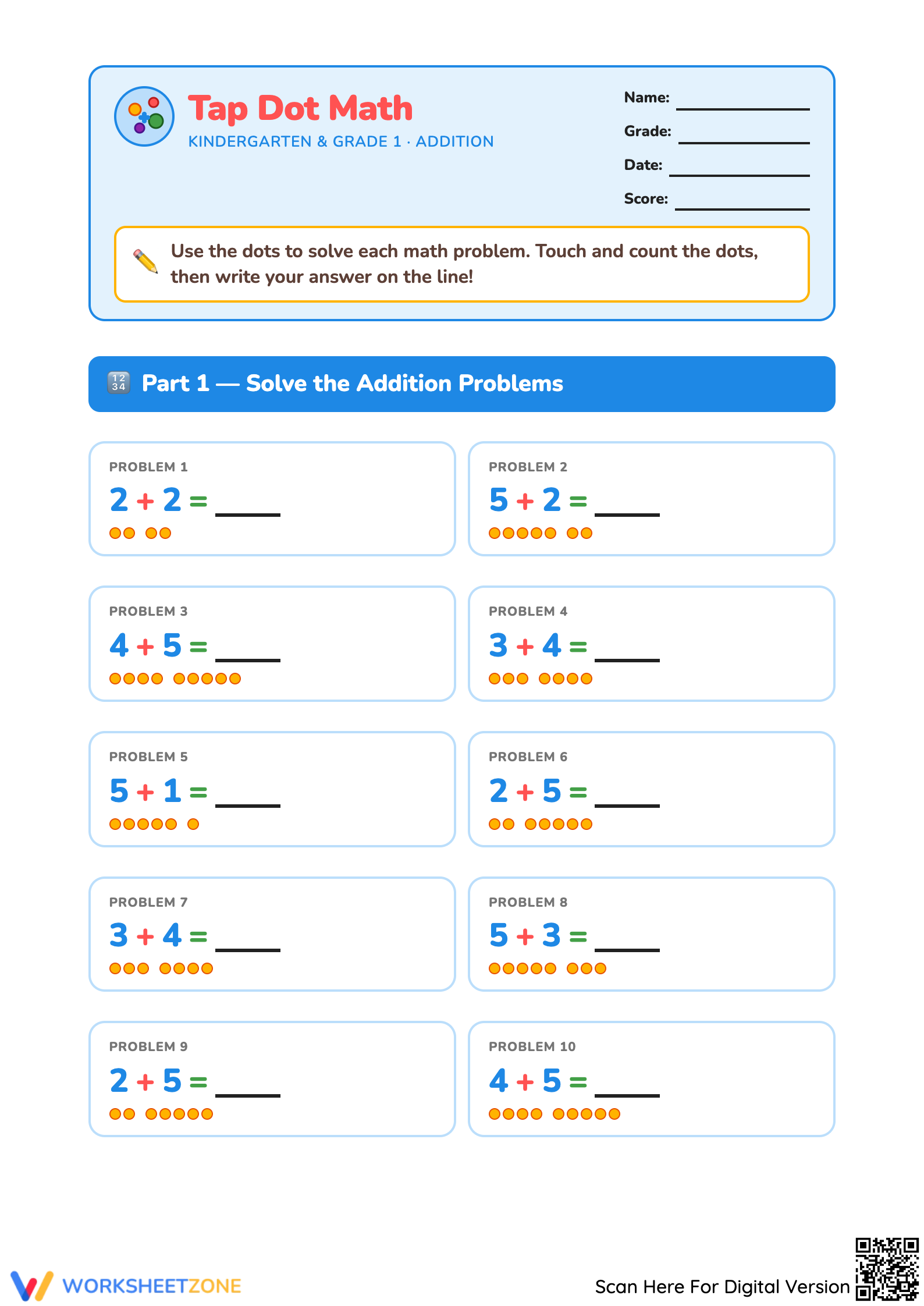 A kindergarten and grade 1 addition worksheet with ten problems, dot groups to count, and blank answer lines. Instructions say to touch and count the dots.