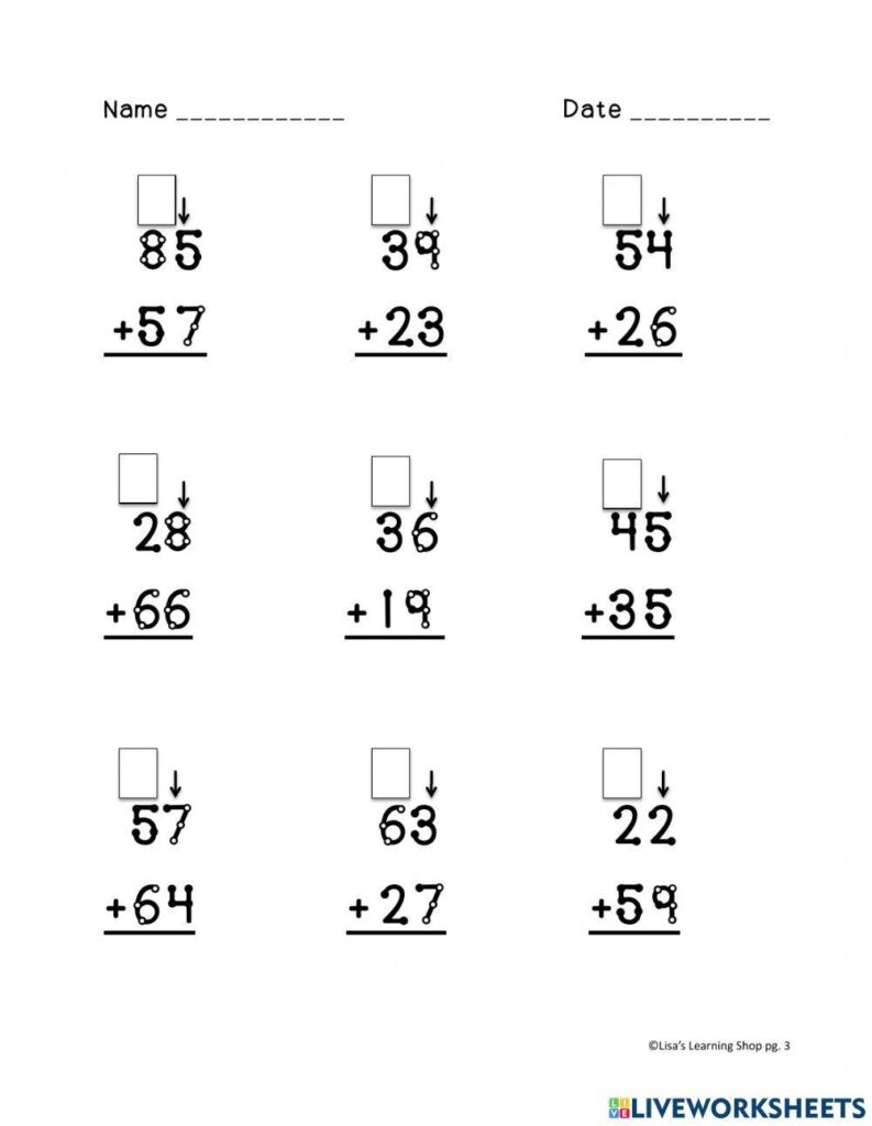 A worksheet with nine two-digit addition problems, each showing a small blank box and downward arrow above the numbers, plus Name and Date lines.