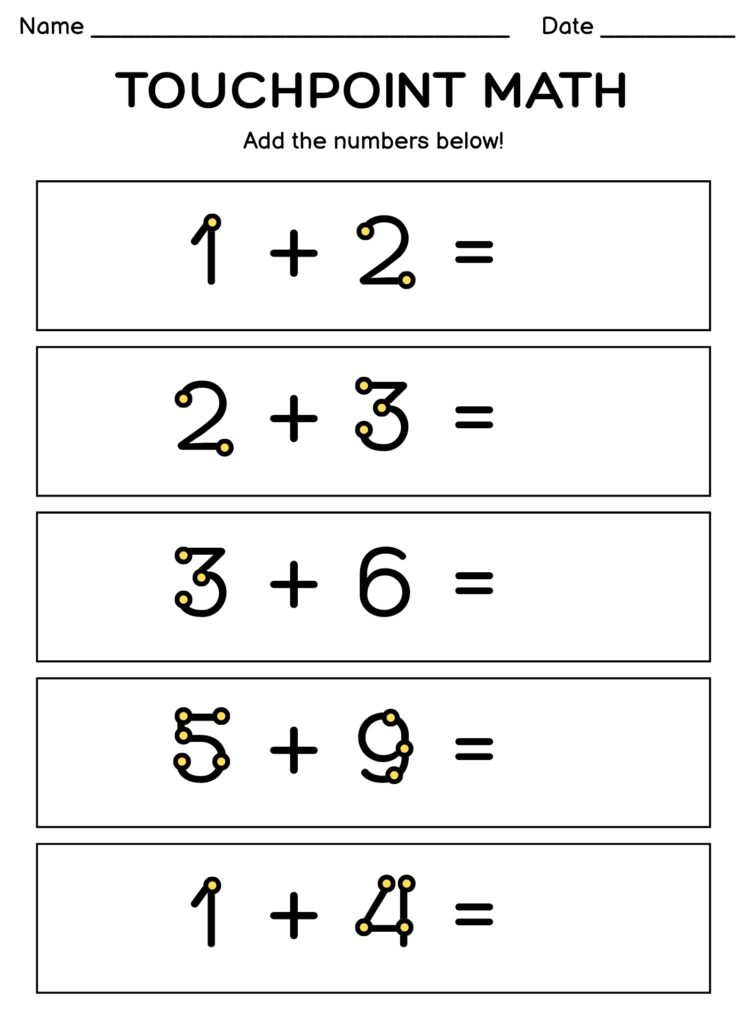 Touchpoint Math worksheet with five addition problems using touch-point numerals, blank answer spaces, and Name and Date lines.