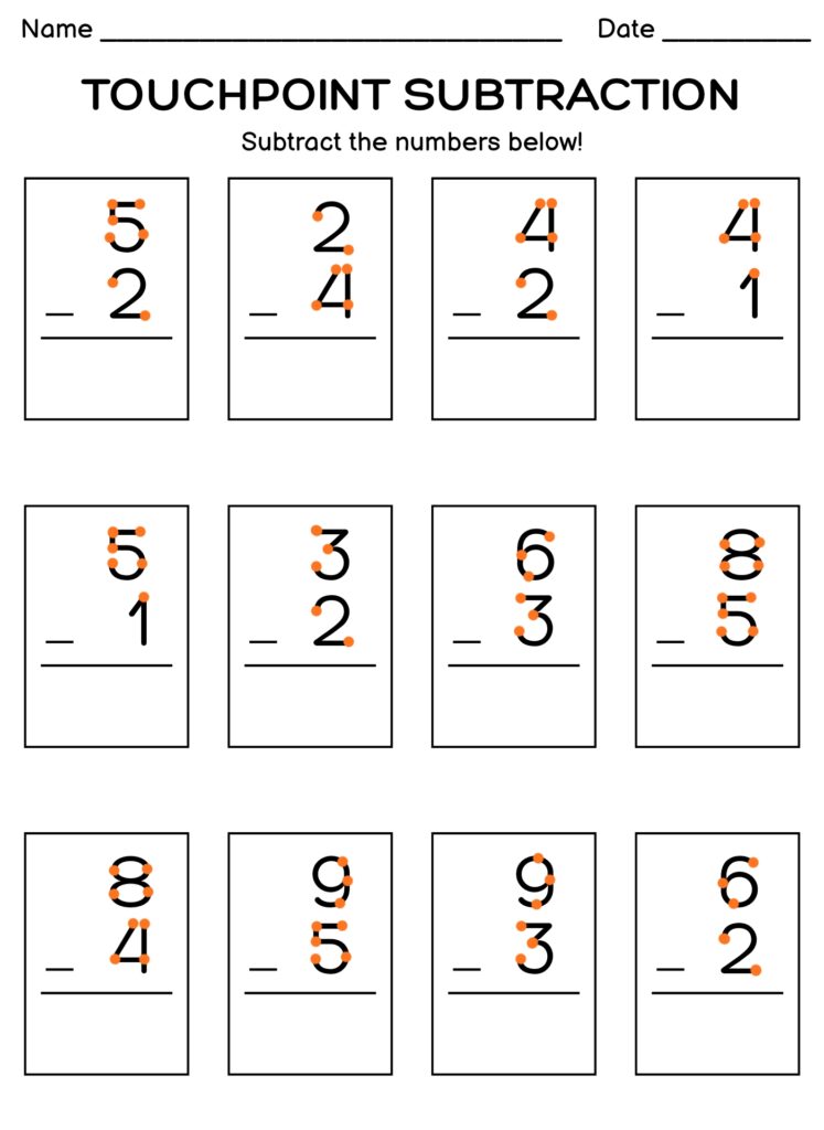 A touchpoint subtraction worksheet with 12 boxed problems, name and date lines, and orange dots marking the numbers.