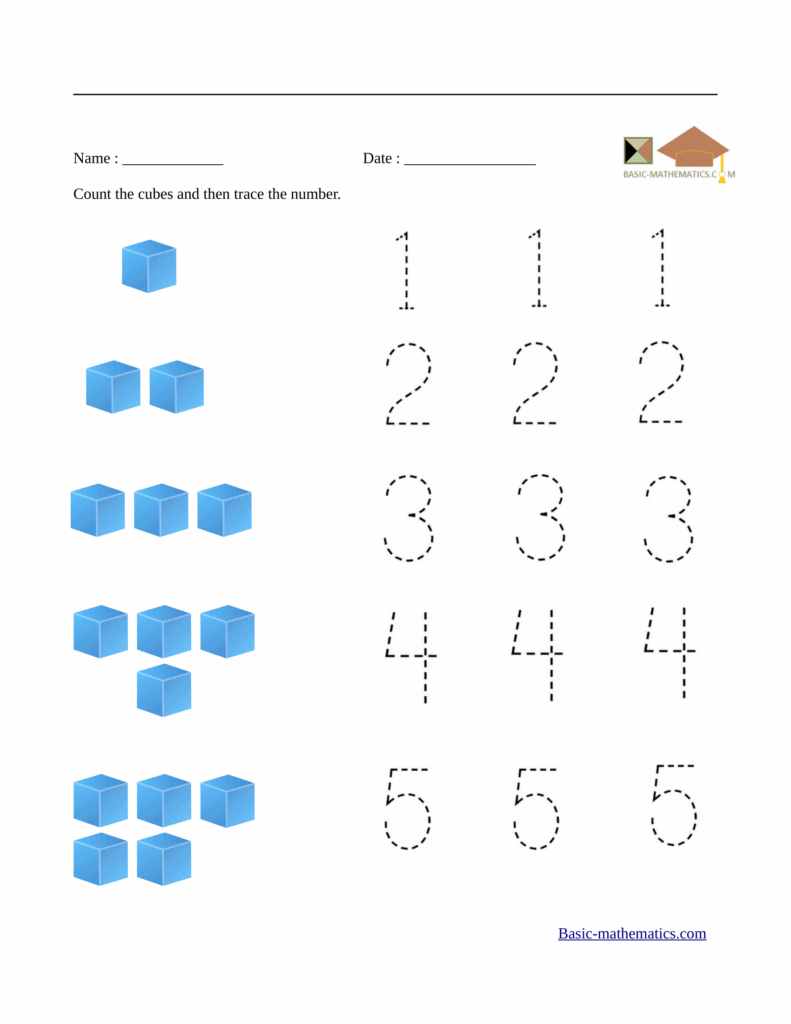 Counting worksheet showing groups of blue cubes from one to five beside rows of dotted numerals for tracing.