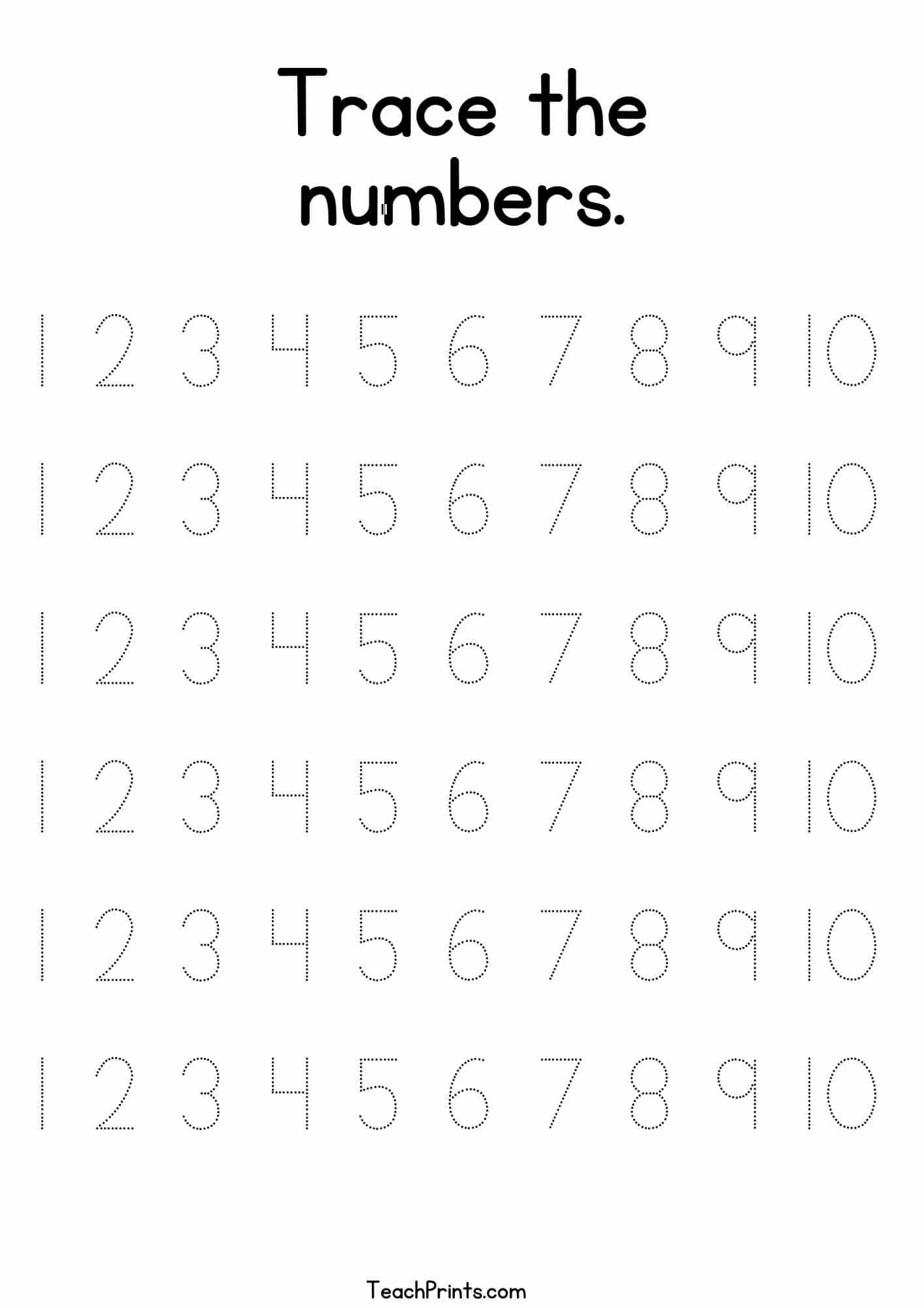 A preschool worksheet titled “Trace the numbers,” with six rows of dotted numerals 1 through 10 for tracing.