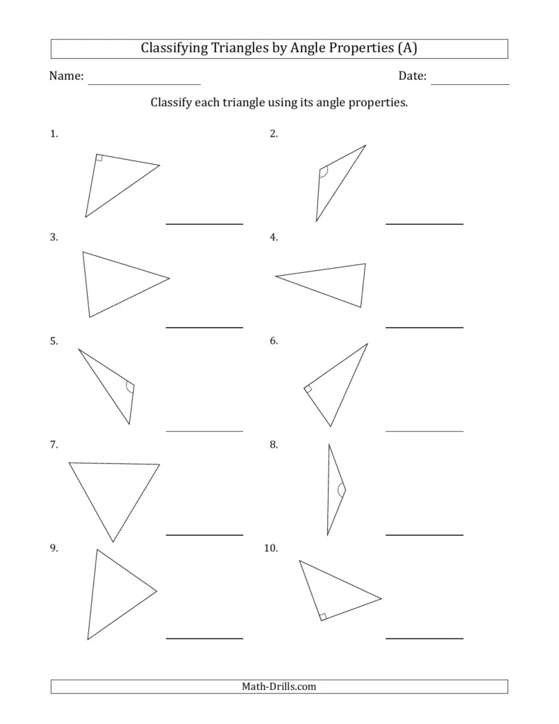 A worksheet titled “Classifying Triangles by Angle Properties” with ten numbered triangle diagrams, some marked with right-angle or angle symbols, and blank lines for answers.