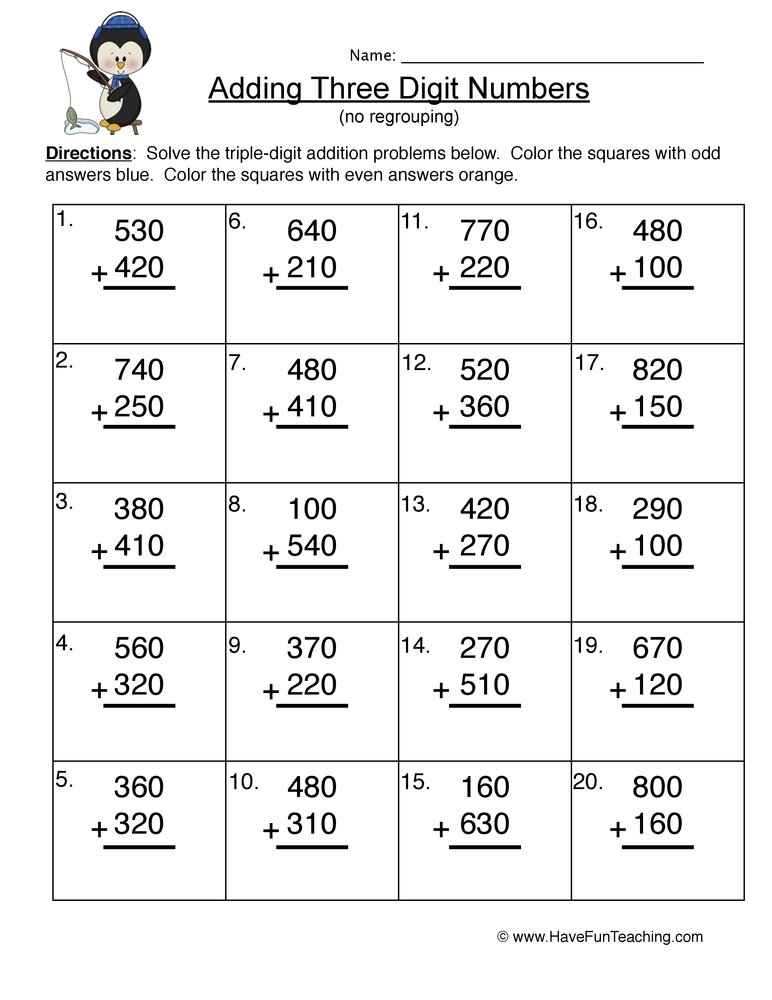 A worksheet titled “Adding Three Digit Numbers (no regrouping)” with 20 vertical addition problems and directions to color squares for odd and even answers.