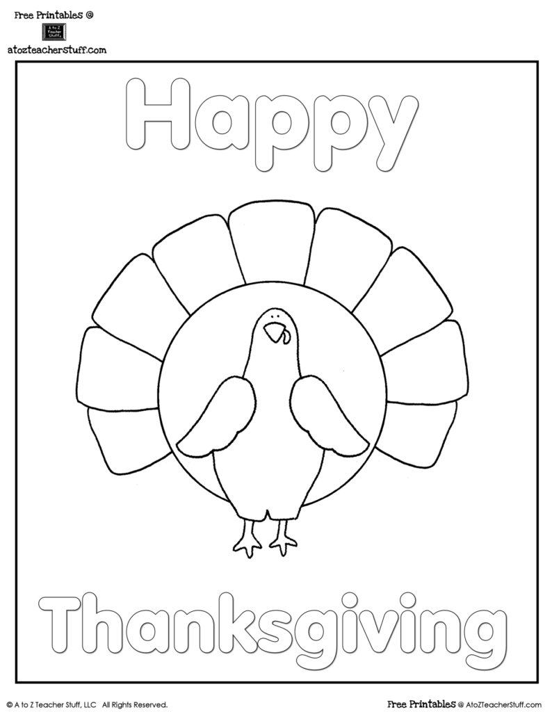 A black-and-white Thanksgiving coloring page with a large turkey, spread tail feathers, and outlined “Happy Thanksgiving” lettering.