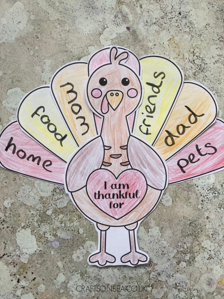 A colored paper turkey craft has feathers labeled “home,” “food,” “mom,” “friends,” “day,” and “pets,” surrounding a heart that reads “I am thankful for.”.