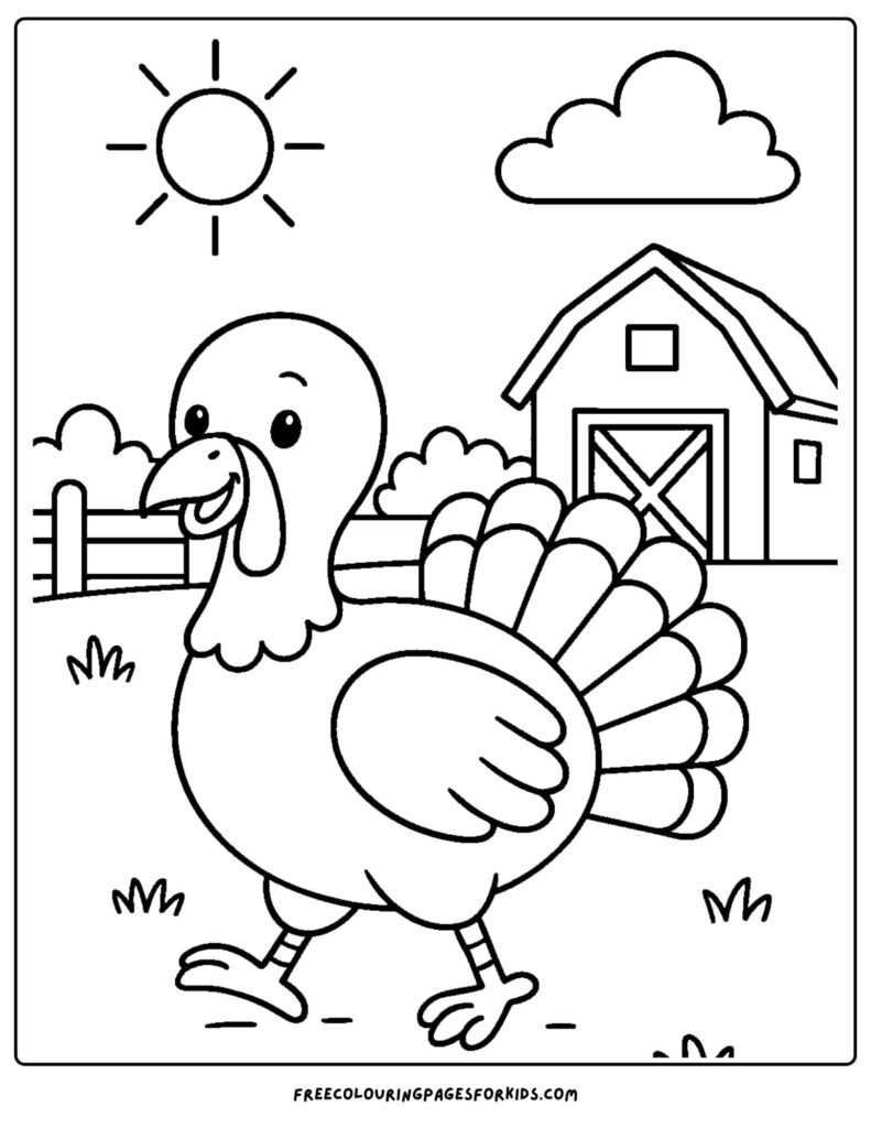 A cheerful turkey stands on a farm, with a barn, fence, sun, cloud, and tufts of grass in the background.