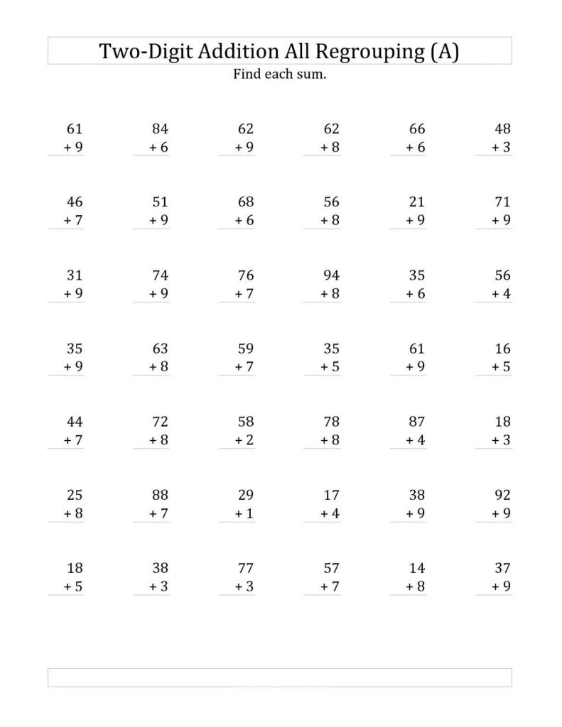 A two-digit addition worksheet with rows of vertical addition problems and the instruction “Find each sum.”.